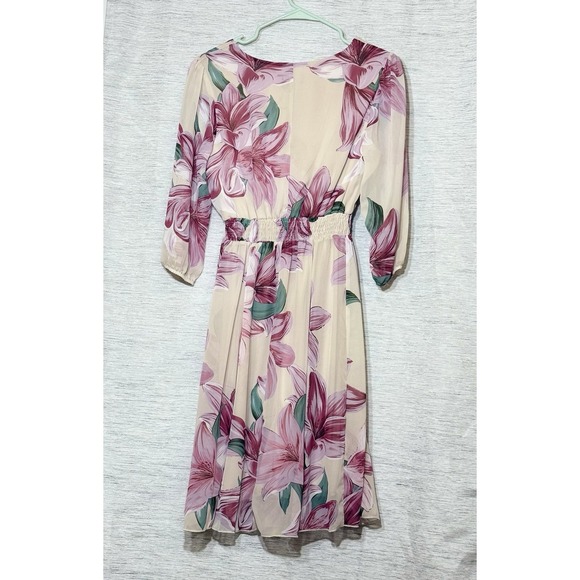 Kate & Lily Cream Pink Floral Smocked Waist Midi Dress Sheer Long Sleeves Size 6 - Picture 2 of 5